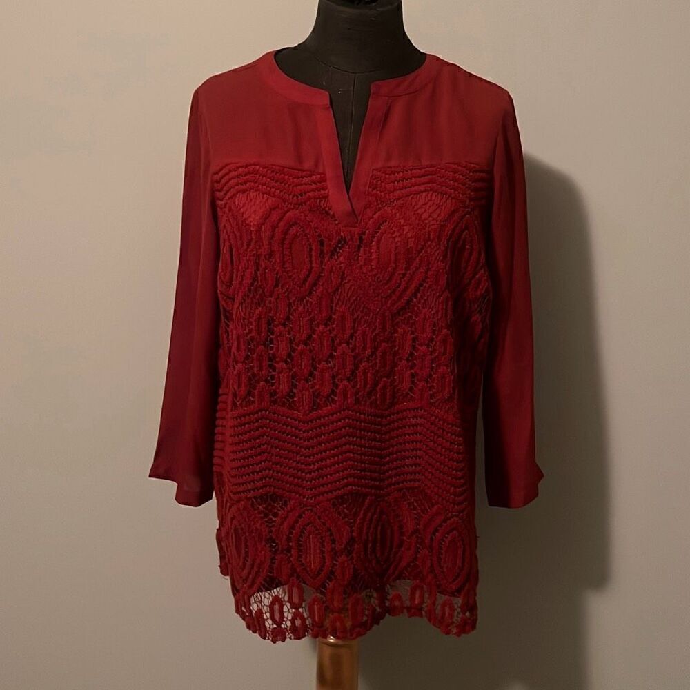 Valerie Stevens Women's Red Split Neck Long Sleeve Lace Top
